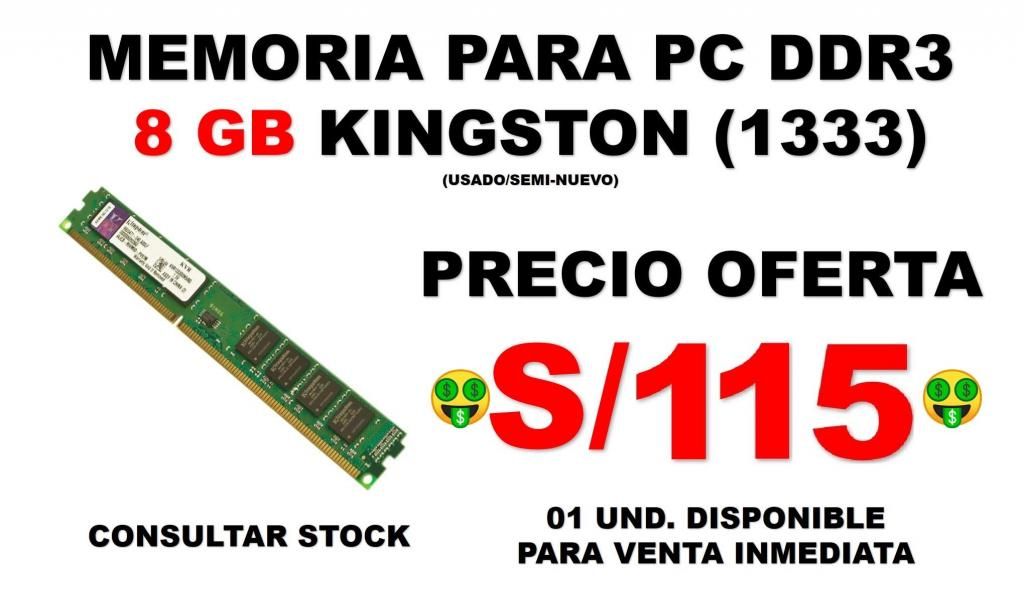 MEMORIA DDR3 8 GB KINGSTON PARA PC ()/SOMOS TIENDA