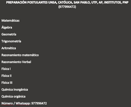 PREPARACIÓN POSTULANTES UNSA, CATÓLICA, SAN PABLO, UTP,