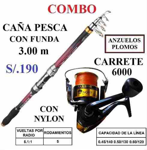 Caña Pesca 3.00m Carrete, Nylon, Anzuelos Y Plomo Pescar