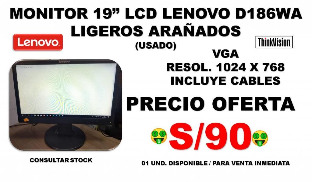 MONITOR LCD 19" LENOVO D186WA (LIGEROS ARAÑADOS)/SOMOS