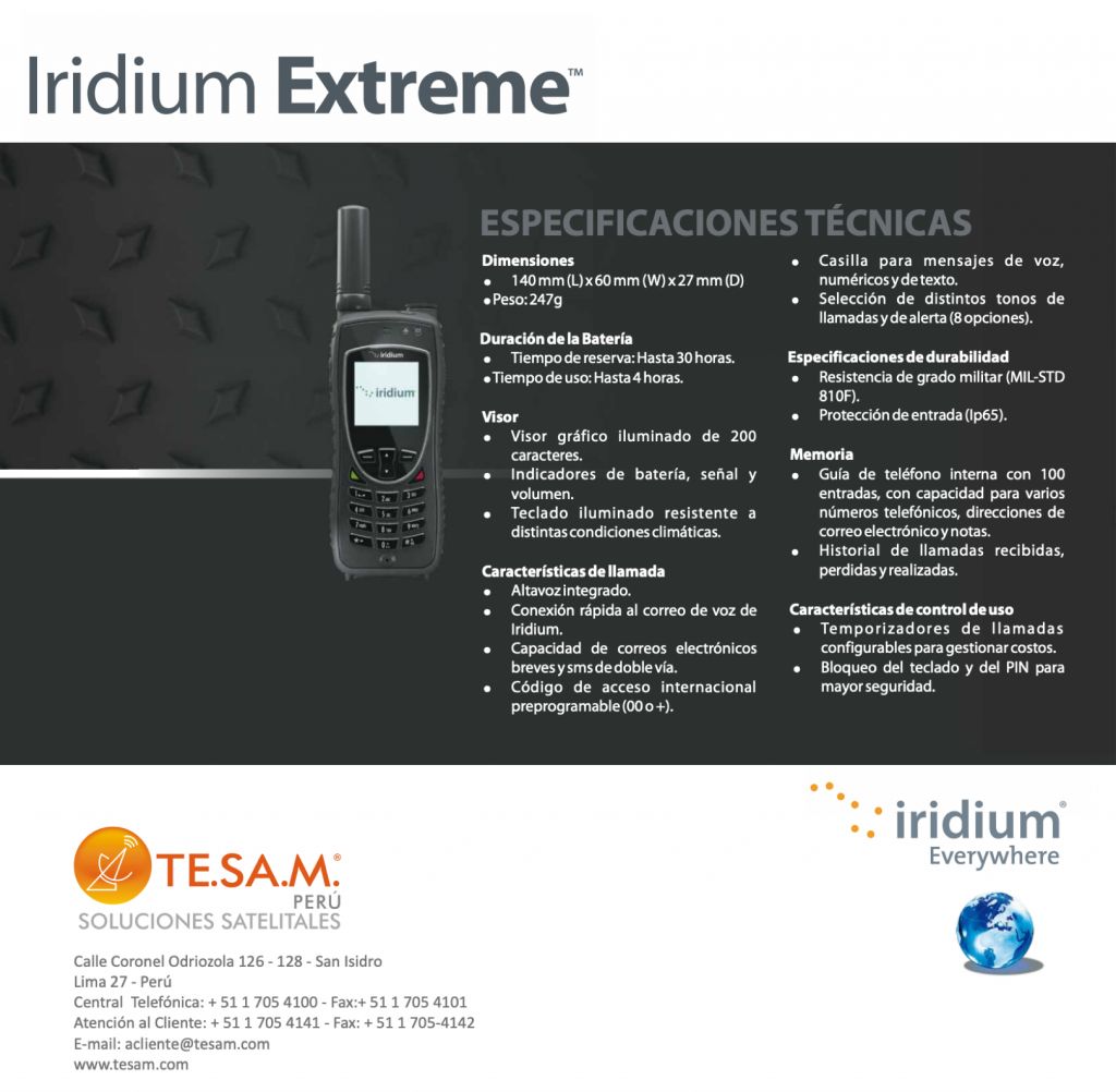 Alquiler y venta de Telefono Satelital Iridium Extreme 