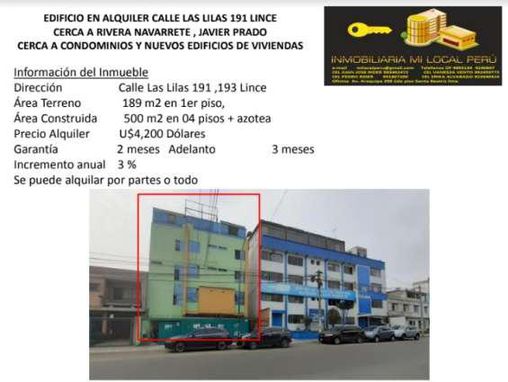 Edificio en alquiler en calle las lilas 191 lince en Lima