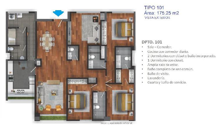 Vendo Departamento 175 m² - 3 Dorm., Cuarto Servicio