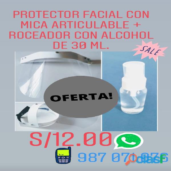 PROTECTOR FACIAL CARETAS + ATOMIZADOR SPRAY CON ALCOHO DE 96