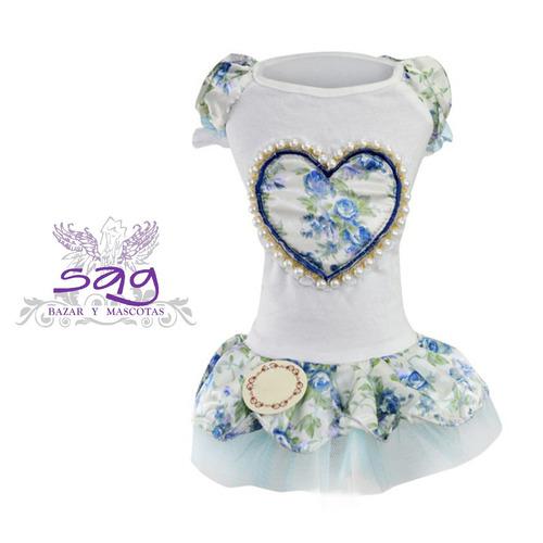 Vestido Mascota Perro - Corazon Perlas Y Seda Floreada Azul