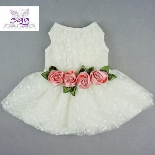 Vestido Para Mascota - Blanco 4 Rosas Rosadas