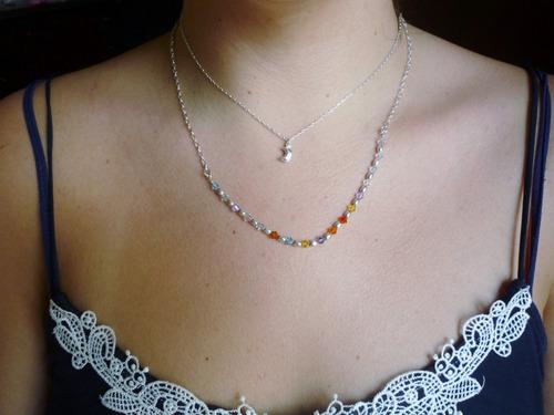 Collar Doble, Plata 950 Mujer Luna Cristal Swarovski Colores