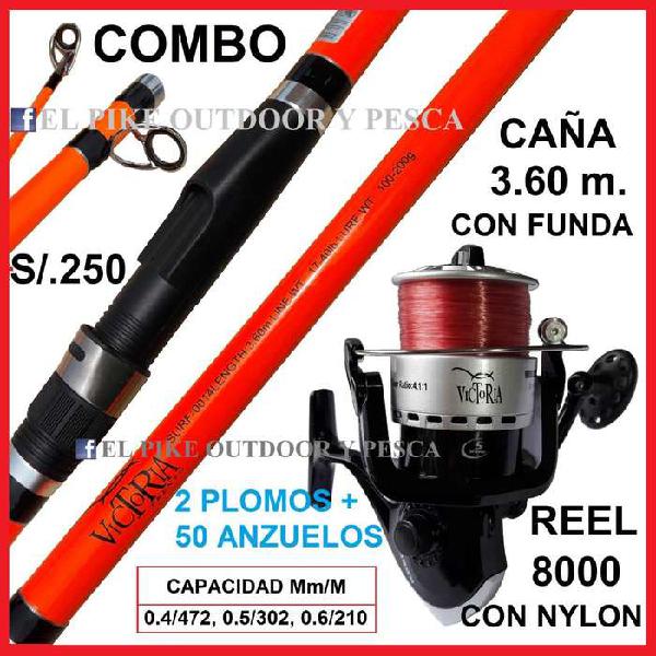 COMBO Caña Pesca 3.60m Victoria Carrete Nylon 50 Anzuelos