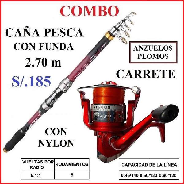 Caña Pesca 2.70 M Carrete con Nylon puesto Anzuelos Y