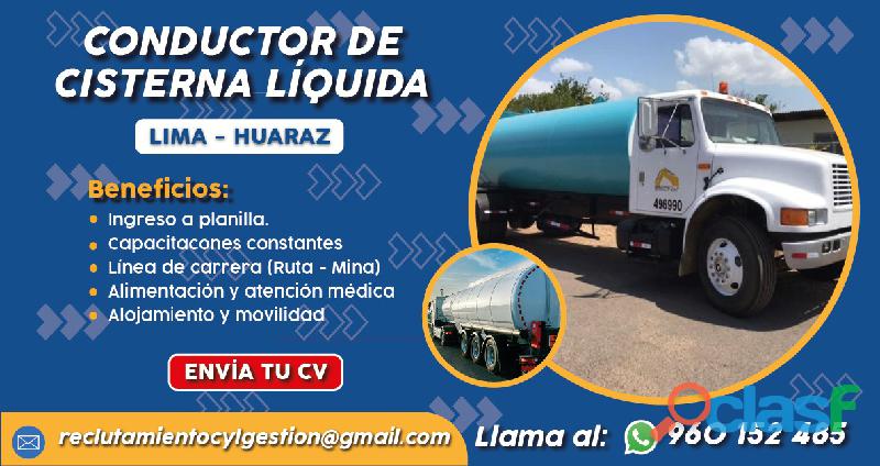 Chofer de Cisterna Líquida Lima/Huaraz Planilla