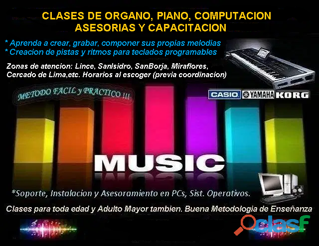 Clases de Piano, Organo, Computacion para toda edad.