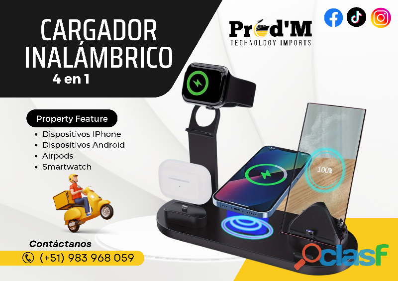 CARGADOR INALÁMBRICO 4 EN 1 EN PROD'M || COLOR NEGRO